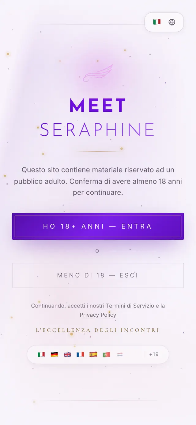 Lo schermo d'ingresso di Meet Seraphine: l'avviso 18+ con il pulsante di conferma.