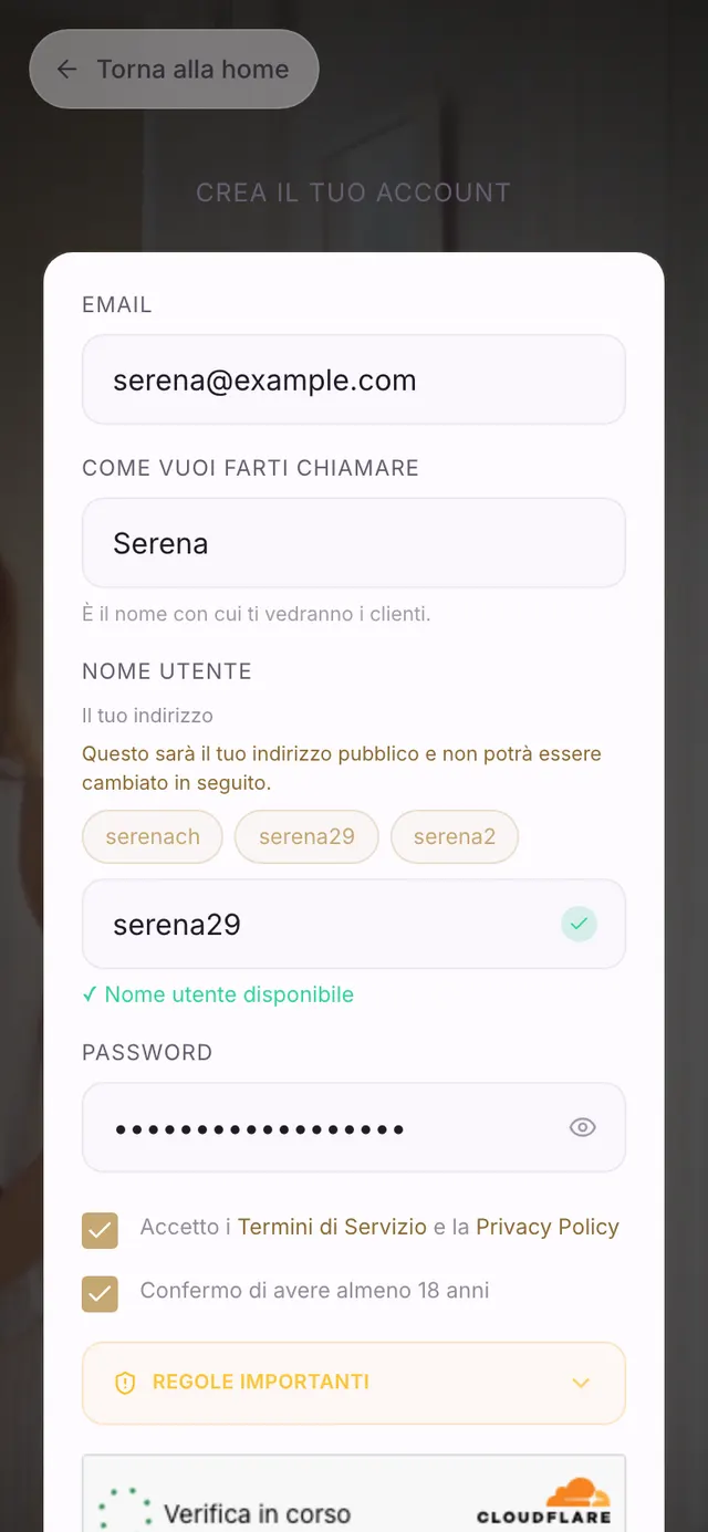Il modulo di registrazione compilato: email, nome d'arte, username con la spunta di disponibilità, password, i due consensi e il controllo antispam.