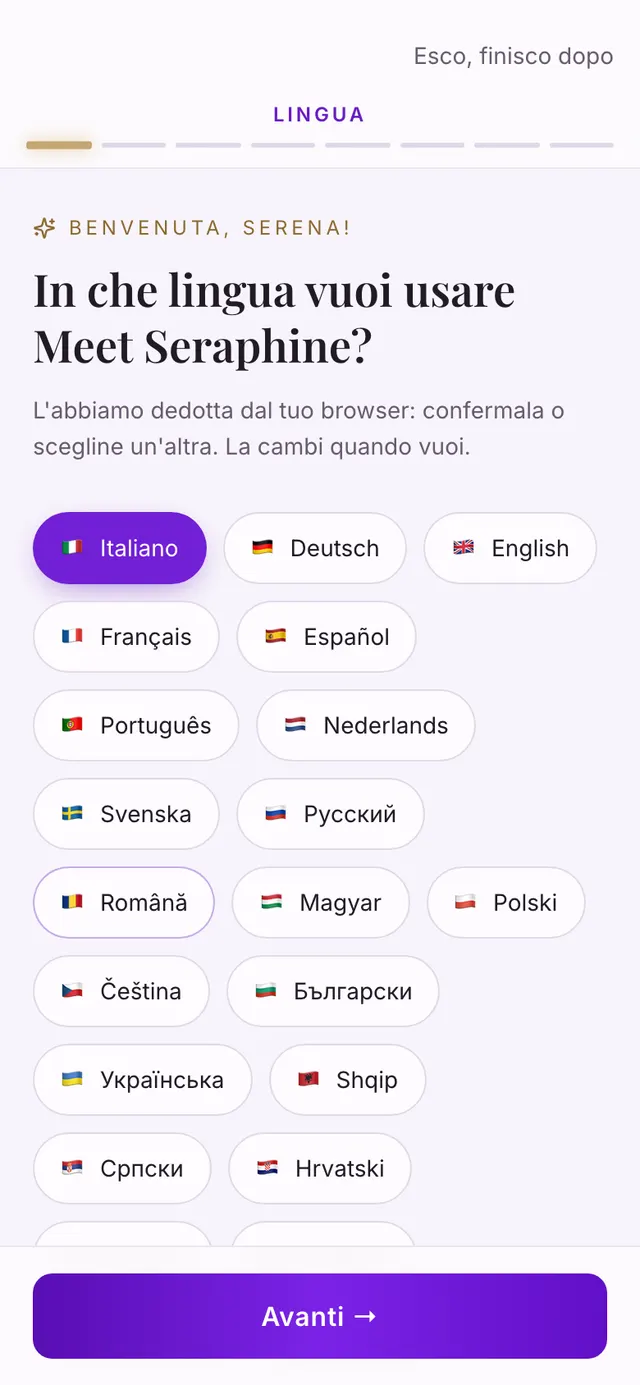 Il primo passo dell'onboarding: l'elenco delle lingue dell'interfaccia, con un saluto in cima.