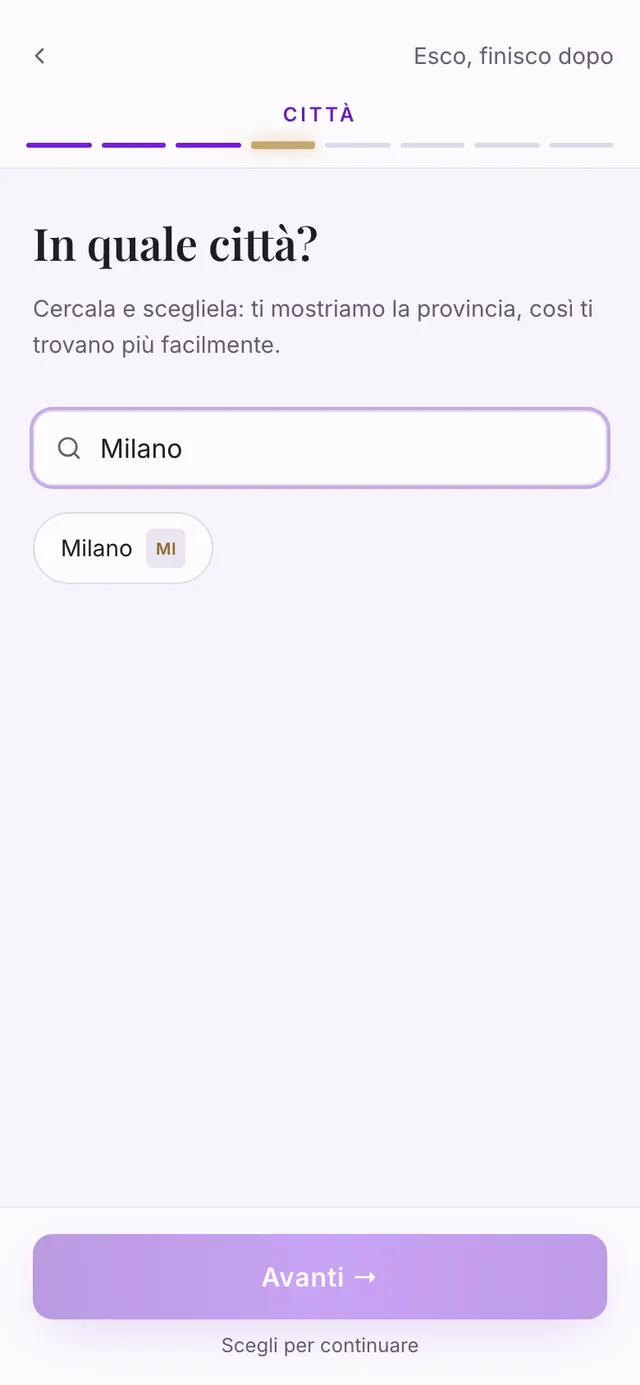 Il passo della città: le prime lettere digitate e un suggerimento con la città e la sua sigla.
