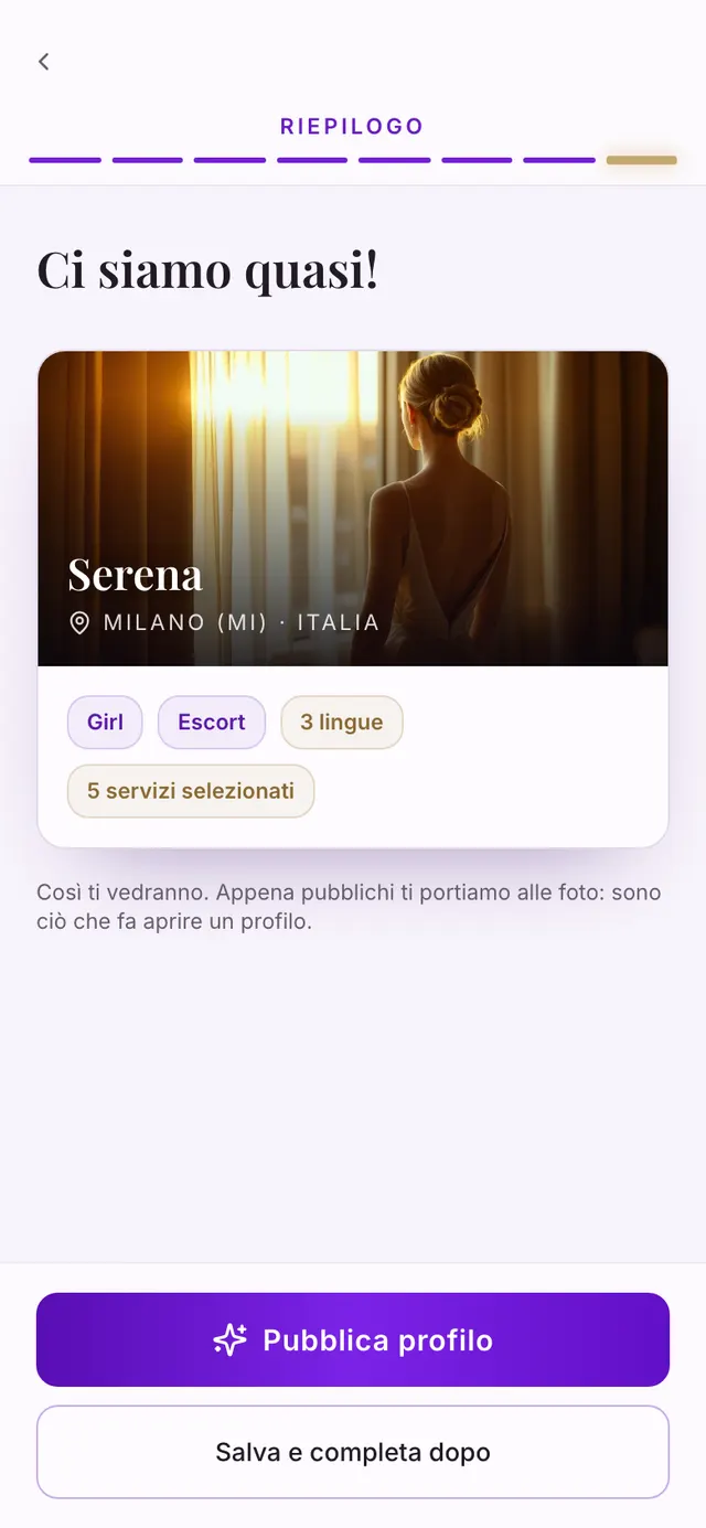 Il riepilogo: l'anteprima della scheda con nome, città, tipologia, lingue e servizi, e i due pulsanti per pubblicare o salvare.